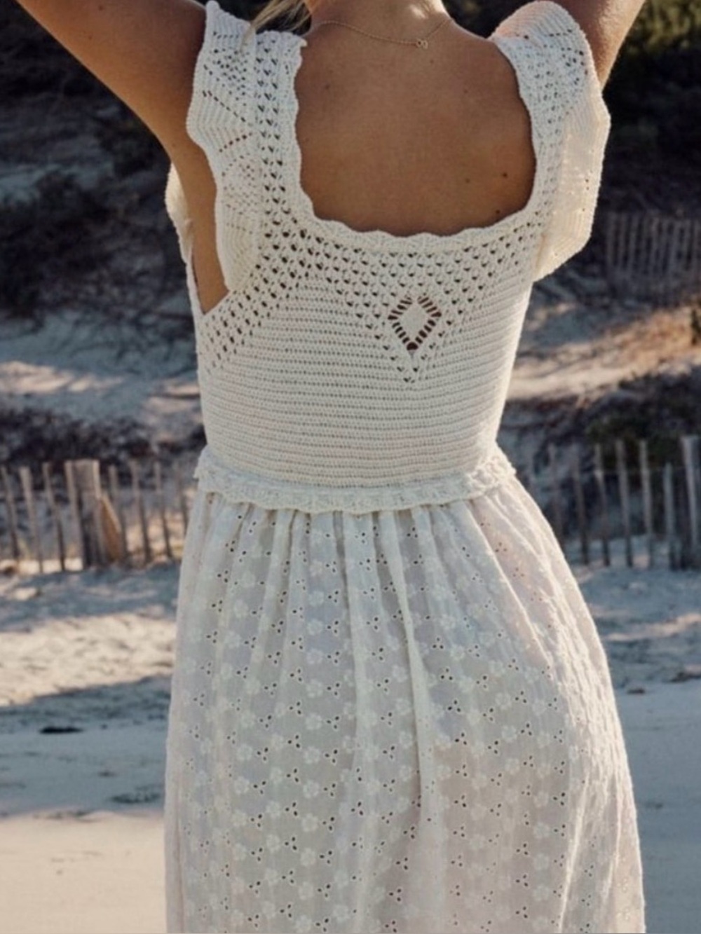 Zara Crochet Eyelet Midi Dress Cream XS Beachy Boho Cottagecore Vacay Hippie - Picture 2 of 9